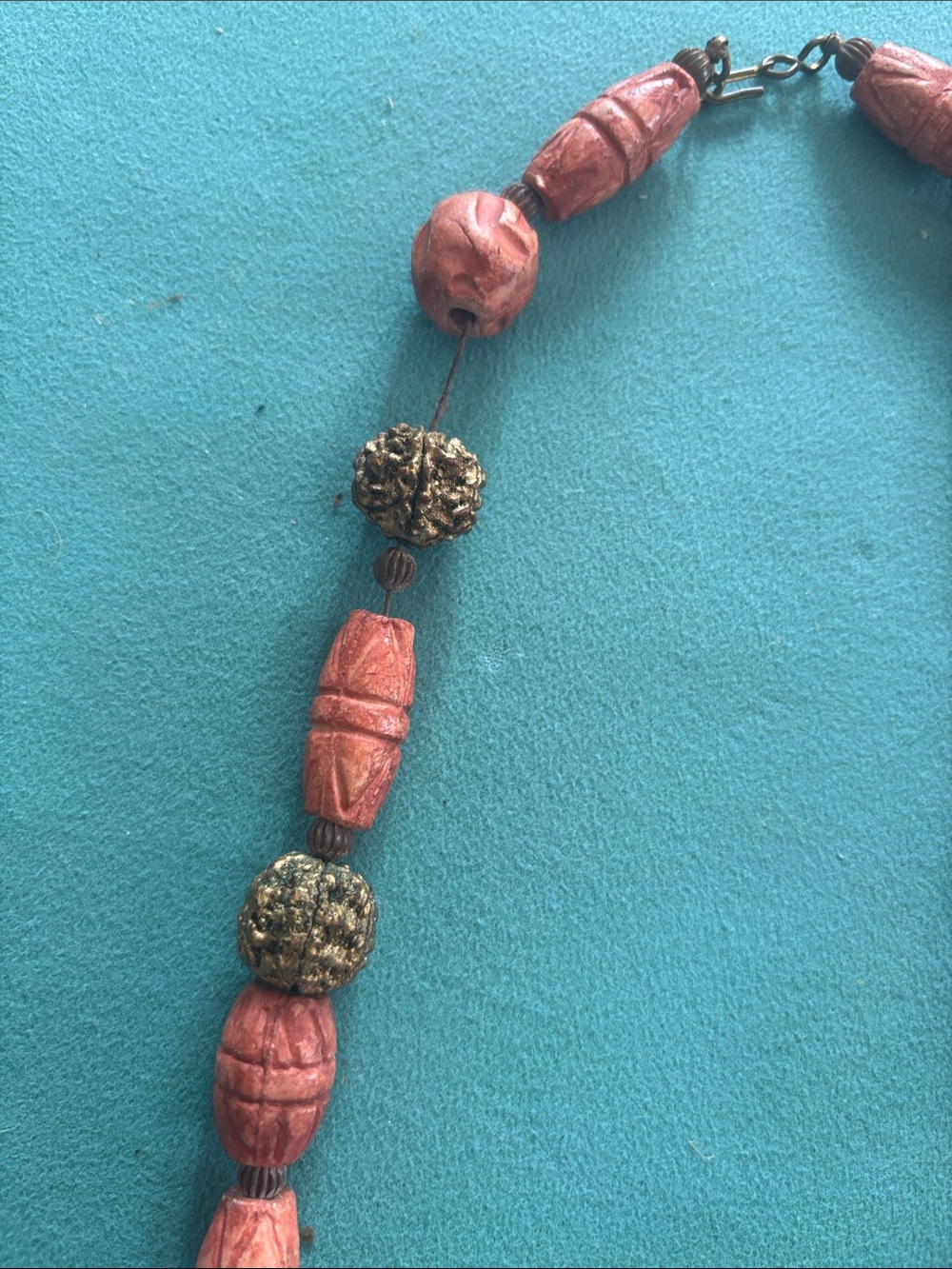 Vintage rare Chinese Carved Cinnabar coral  Bead gold bead necklace - Picture 7 of 7